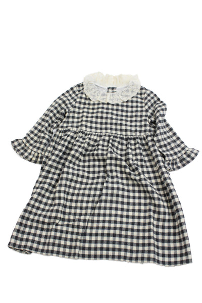Bonpoint Girls Gingham Lace Collar Long Sleeve Shift Dress Black Size 4