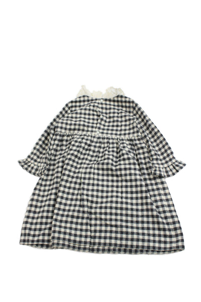 Bonpoint Girls Gingham Lace Collar Long Sleeve Shift Dress Black Size 4