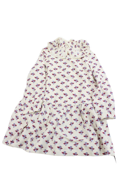 Bonpoint Girls Floral Print Collar Long Sleeve A-Line Dress White Combo Sz 4