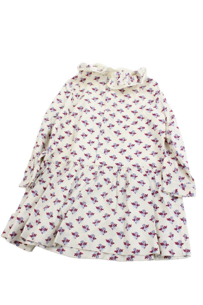 Bonpoint Girls Floral Print Collar Long Sleeve A-Line Dress White Combo Sz 4