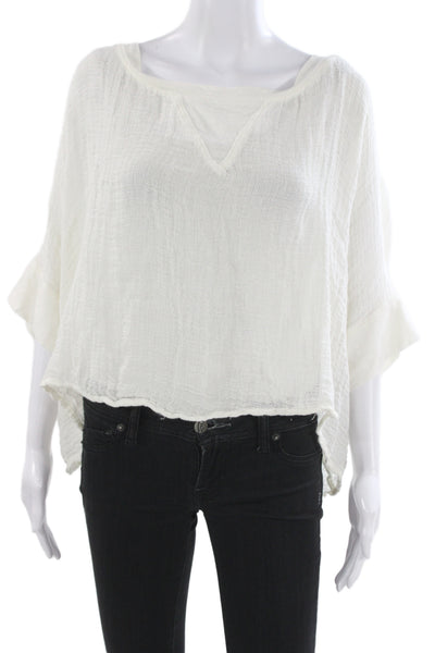 Sunday Womens Bohemian White V Neck Short Sleeve Linen Blend Blouse Size 3