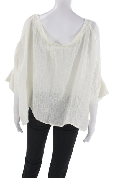 Sunday Womens Bohemian White V Neck Short Sleeve Linen Blend Blouse Size 3