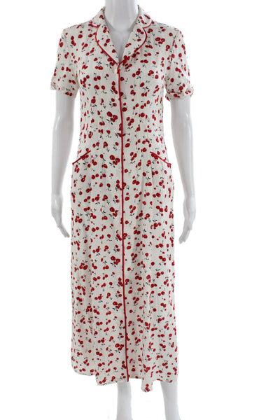 HVN Womens Red 100% Silk Collared Shirt Maxi Dress Short Sleeve Button Size 2