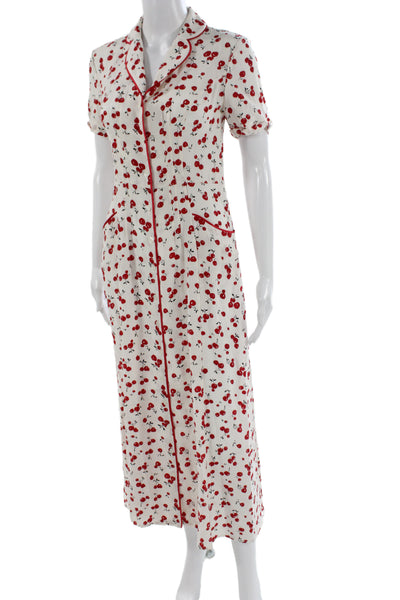 HVN Womens Red 100% Silk Collared Shirt Maxi Dress Short Sleeve Button Size 2