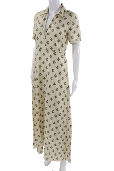 Black Iris Womens Maxi Shirt Dress Beige Silk Floral Short Sleeve Size 0