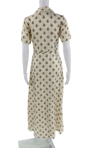 Black Iris Womens Maxi Shirt Dress Beige Silk Floral Short Sleeve Size 0