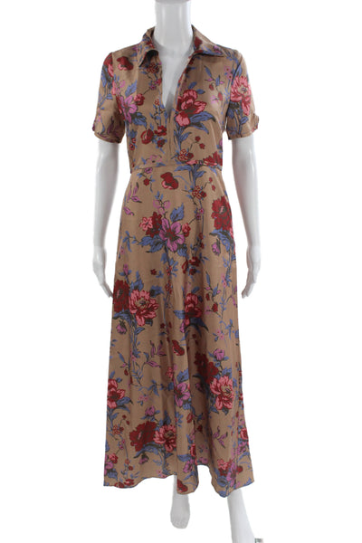 Black Iris Women Maxi Shirt Dress Tan Silk Floral Collared Short Sleeve Size 0