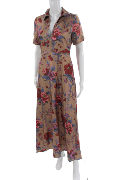Black Iris Women Maxi Shirt Dress Tan Silk Floral Collared Short Sleeve Size 0