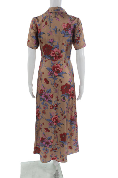 Black Iris Women Maxi Shirt Dress Tan Silk Floral Collared Short Sleeve Size 0