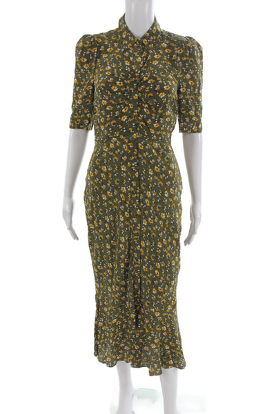 Veronica Beard Women Shirt Dress Green Silk Floral Collared 3/4 Sleeve Size 0