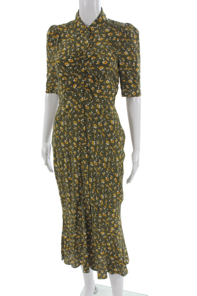 Veronica Beard Women Shirt Dress Green Silk Floral Collared 3/4 Sleeve Size 0