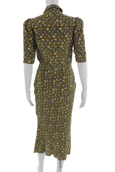 Veronica Beard Women Shirt Dress Green Silk Floral Collared 3/4 Sleeve Size 0