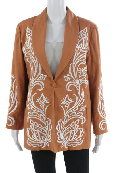 Bob Mackie Women Brown Paisley Blazer Long Sleeve Button Cotton Spandex Size S