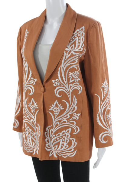 Bob Mackie Women Brown Paisley Blazer Long Sleeve Button Cotton Spandex Size S