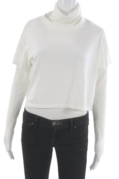 The Range Womens Cropped Turtleneck Long Sleeve Cotton Top White Size S