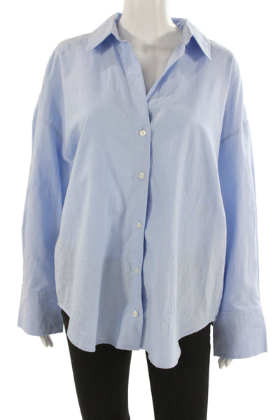 Zara Women Light Blue Cotton Collared Long Sleeve Button-Up Basic Top Size S