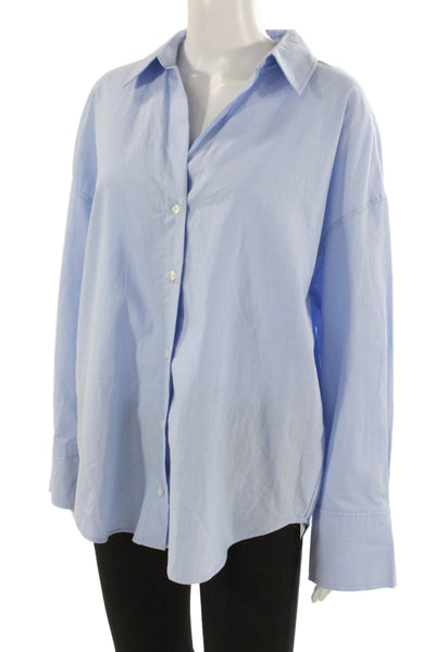 Zara Women Light Blue Cotton Collared Long Sleeve Button-Up Basic Top Size S
