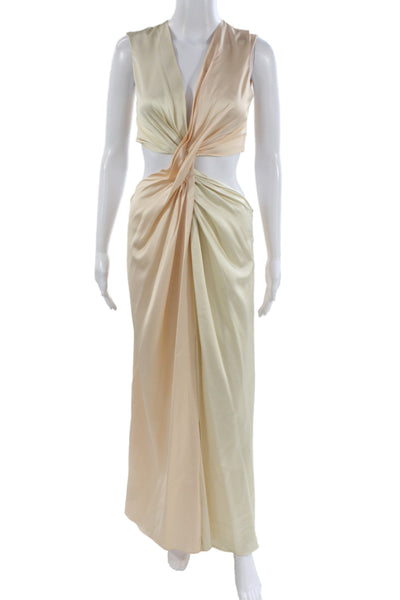Marina Moscone Women Maxi Dress Beige V Neck Sleeveless Zip Full Length Size 0