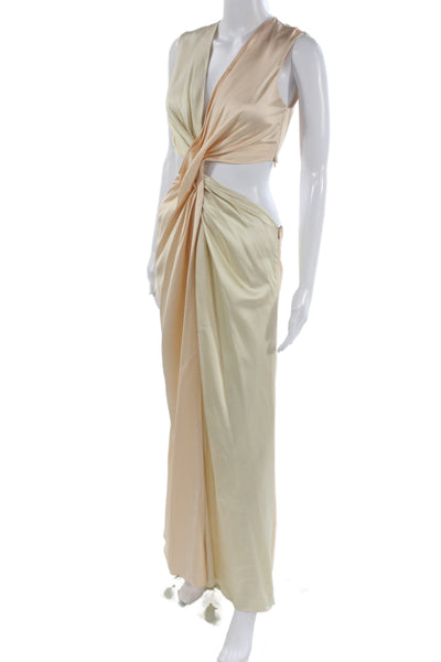 Marina Moscone Women Maxi Dress Beige V Neck Sleeveless Zip Full Length Size 0