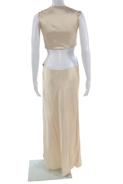 Marina Moscone Women Maxi Dress Beige V Neck Sleeveless Zip Full Length Size 0