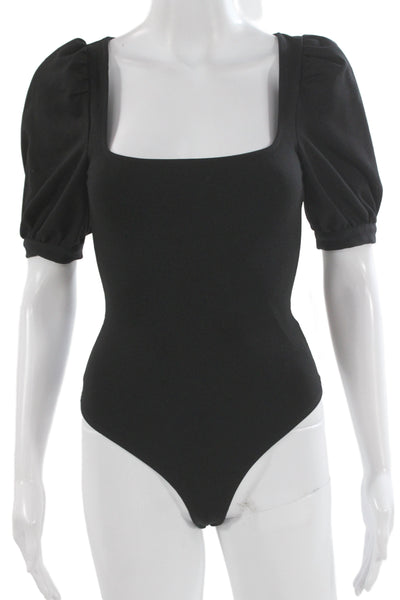 LPA Women Square Neck Short Sleeve Black Zip Top Size XS