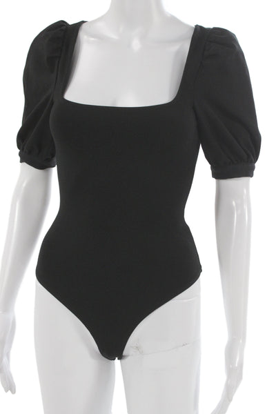 LPA Women Square Neck Short Sleeve Black Zip Top Size XS