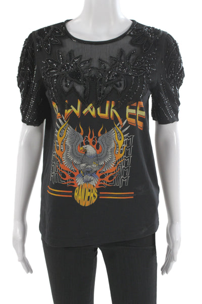 Topshop Women Biker Graphic Cotton Short Sleeve Round Neck T-Shirt Size 2
