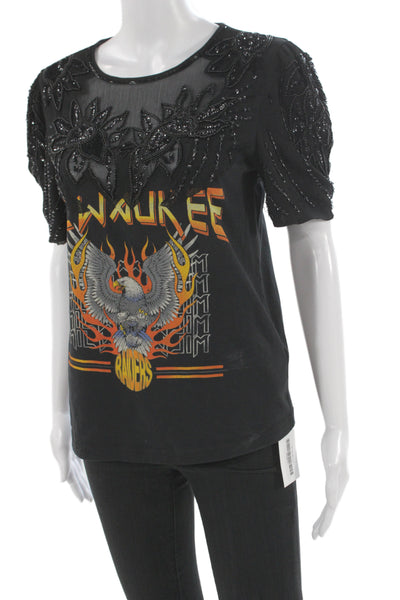 Topshop Women Biker Graphic Cotton Short Sleeve Round Neck T-Shirt Size 2