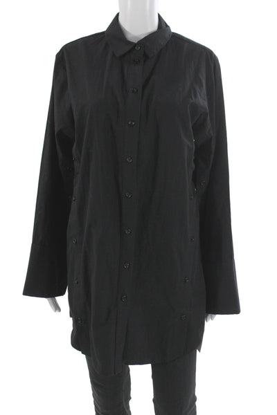 Topshop Unisex Point Collar Button Up Black Cotton Long Sleeve Top Size 4