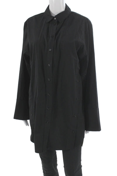 Topshop Unisex Point Collar Button Up Black Cotton Long Sleeve Top Size 4