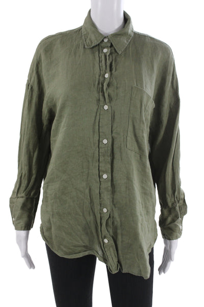 Zara Unisex Button-Down Linen Collared Long Sleeve Green Top Size S