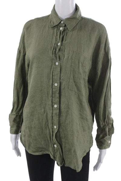 Zara Unisex Button-Down Linen Collared Long Sleeve Green Top Size S
