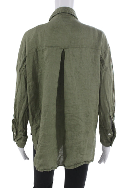 Zara Unisex Button-Down Linen Collared Long Sleeve Green Top Size S