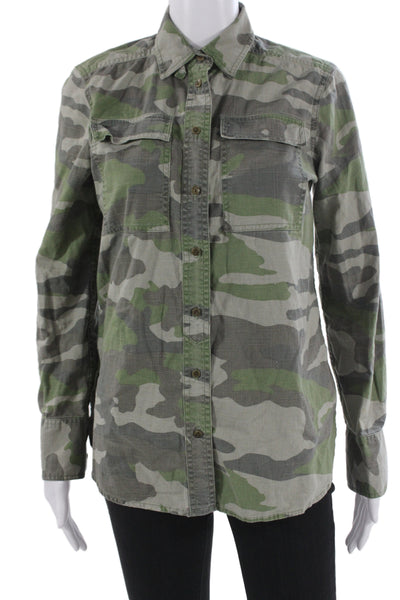 J Crew Women Camouflage Cotton Collared Long Sleeve Button-Up Size 2