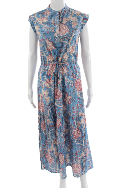Perry Walker Women Maxi Shirt Dress Blue Floral High Neck Button Size 1