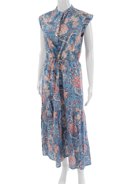 Perry Walker Women Maxi Shirt Dress Blue Floral High Neck Button Size 1