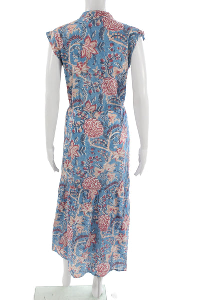 Perry Walker Women Maxi Shirt Dress Blue Floral High Neck Button Size 1