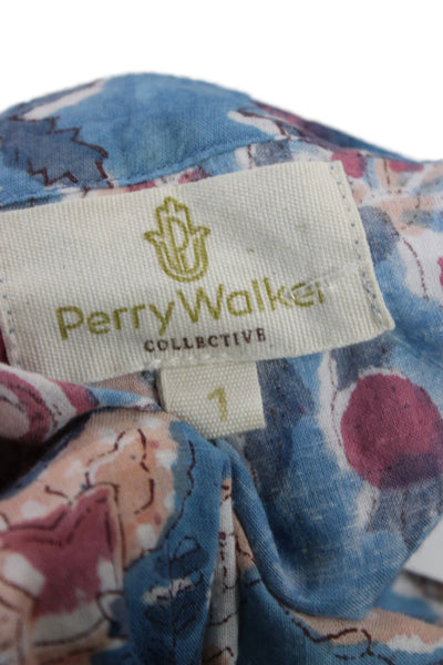 Perry Walker Women Maxi Shirt Dress Blue Floral High Neck Button Size 1