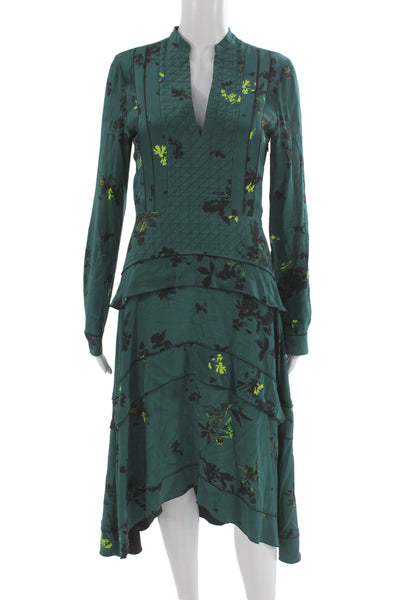 Proenza Schouler Women Green Silk V-Neck Floral Long-Sleeve Midi Dress Size 2