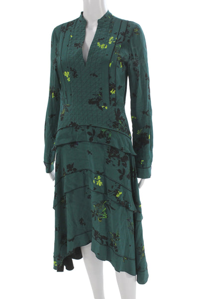 Proenza Schouler Women Green Silk V-Neck Floral Long-Sleeve Midi Dress Size 2