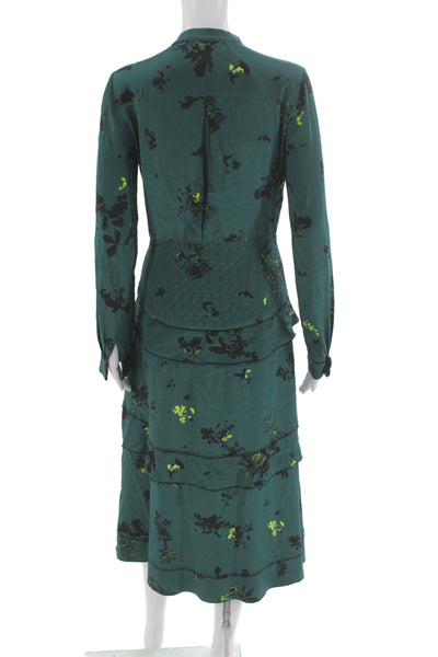 Proenza Schouler Women Green Silk V-Neck Floral Long-Sleeve Midi Dress Size 2