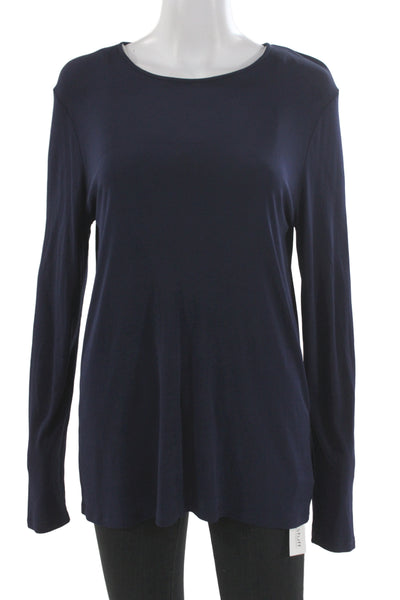 Eileen Fisher Women Dark Blue Silk Round Neck Long Sleeve Blouse Size M