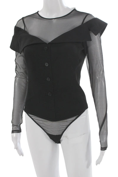 Fleur du Mal Womens Bodysuit Black Long Sleeve Round Neck Solid Size S