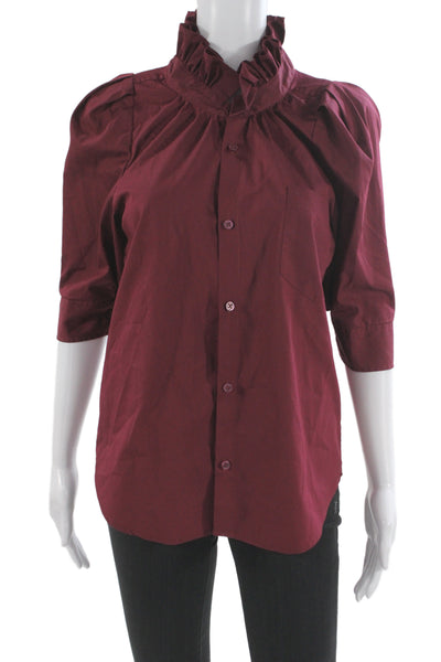 KMJ Womens Red High Neck Button Up Cotton 3/4 Sleeve Classic Blouse Size XS