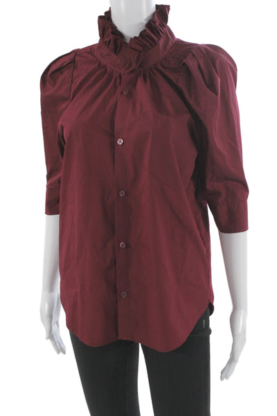 KMJ Womens Red High Neck Button Up Cotton 3/4 Sleeve Classic Blouse Size XS