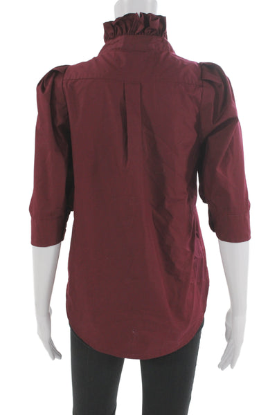 KMJ Womens Red High Neck Button Up Cotton 3/4 Sleeve Classic Blouse Size XS