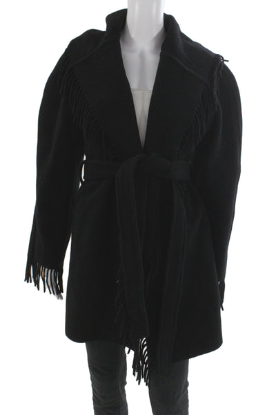 Balenciaga Women Black Wool Overcoat Tie Waist Long Sleeve Size S