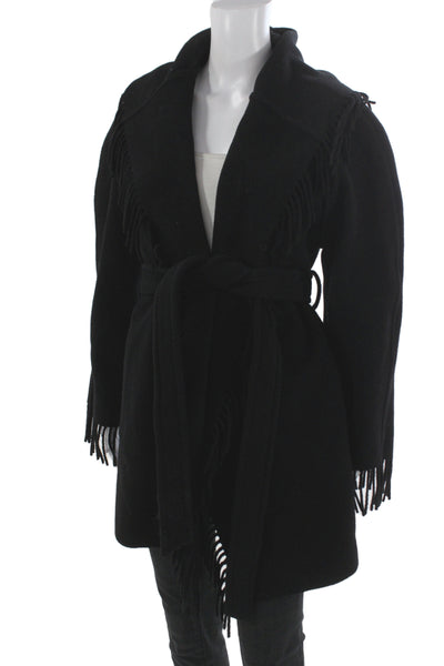 Balenciaga Women Black Wool Overcoat Tie Waist Long Sleeve Size S