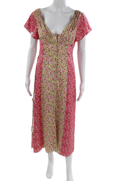 Cinq à Sept Women Maxi Sundress Pink Floral V-Neck Short Sleeve Size 2