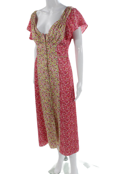 Cinq à Sept Women Maxi Sundress Pink Floral V-Neck Short Sleeve Size 2